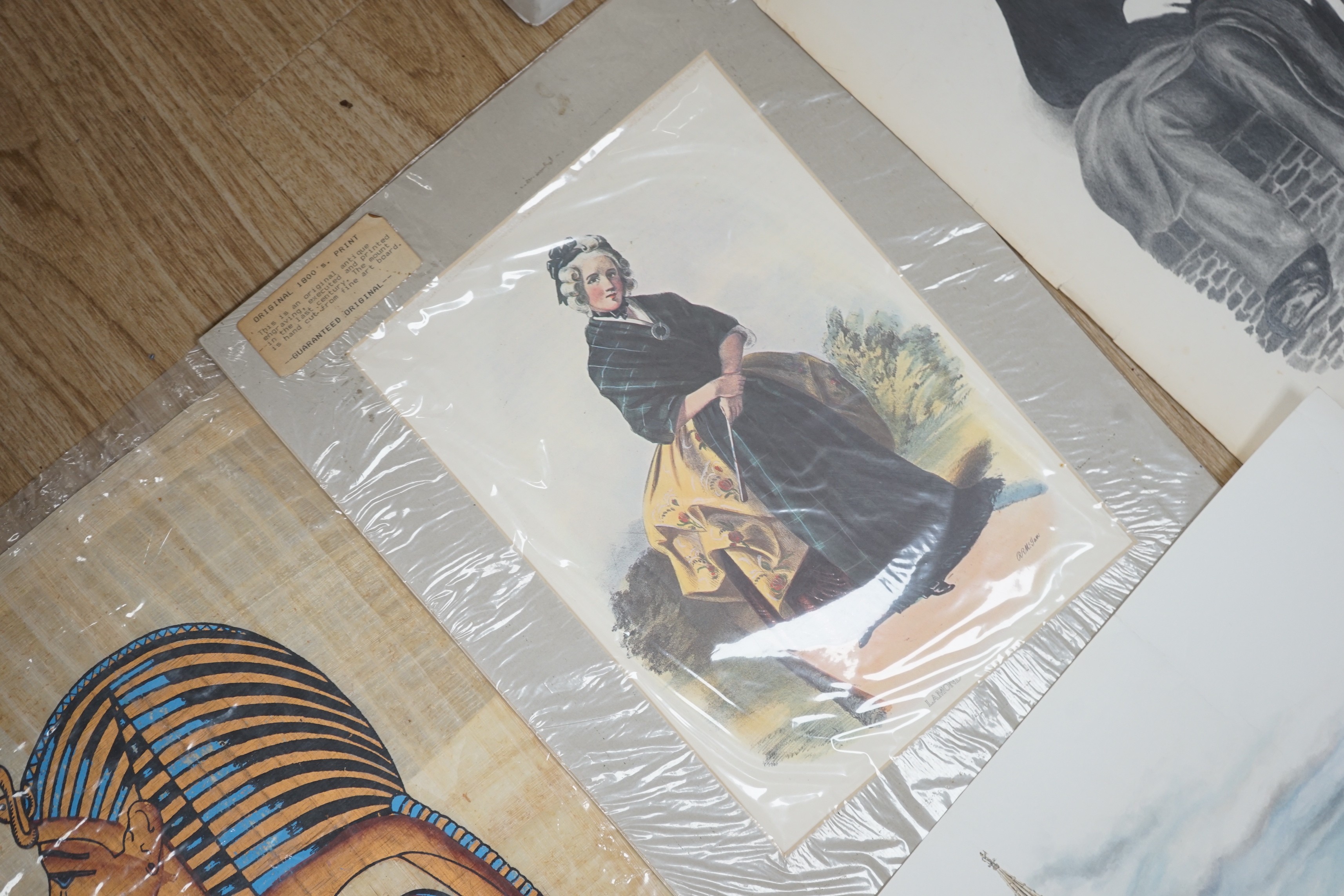 A group of assorted pictures and prints including Egyptian papyrus paintings, 41 x 33cm